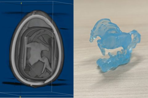 Left: CT scan of a Kinder Surprise Egg, right: the "diagnosed" toy (a horse)