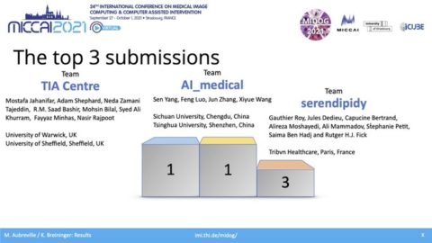 The image shows a podium with the three MIDOG Challenge winners.